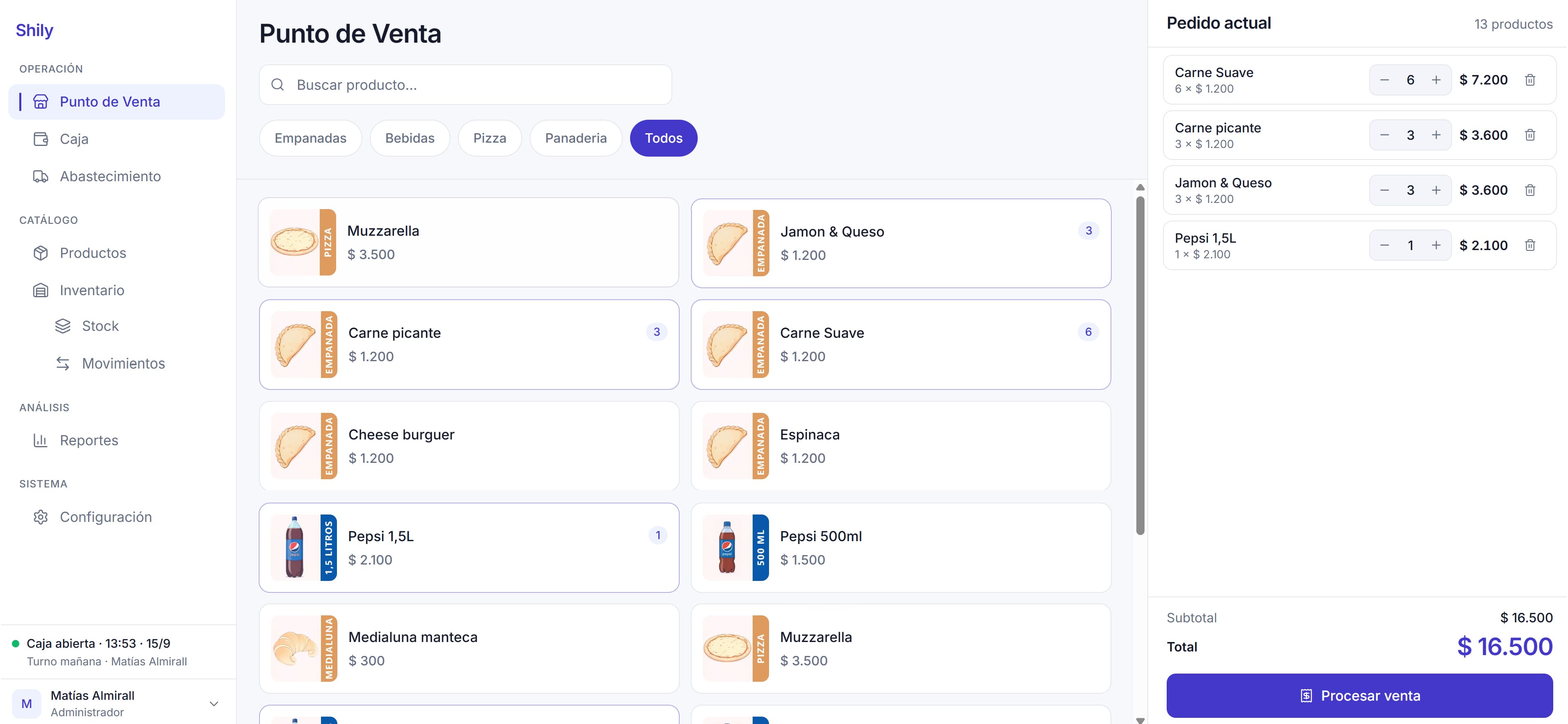 Punto de venta de Shily: catálogo de productos y pedido actual